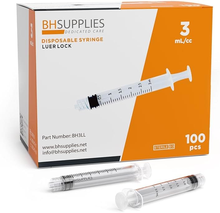 BH Supplies 3ml Luer Lock Tip Syringes (No Needle) - Sterile, Individually Wrapped - 100 Syringes - Product Image