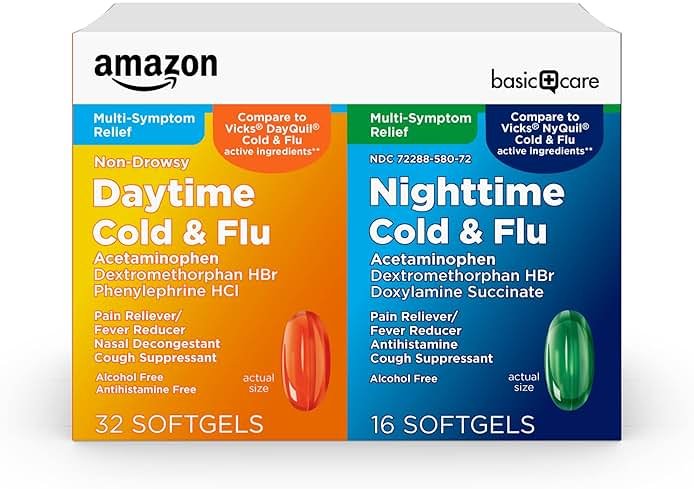 Amazon Basic Care Cold and Flu Relief, Daytime and Nighttime Combo Pack Softgels for Multi-Symptom Relief, Sore Throat, Cough, Nasal Congestion, Headache, 48 Count (Pack of 1) - Product Image