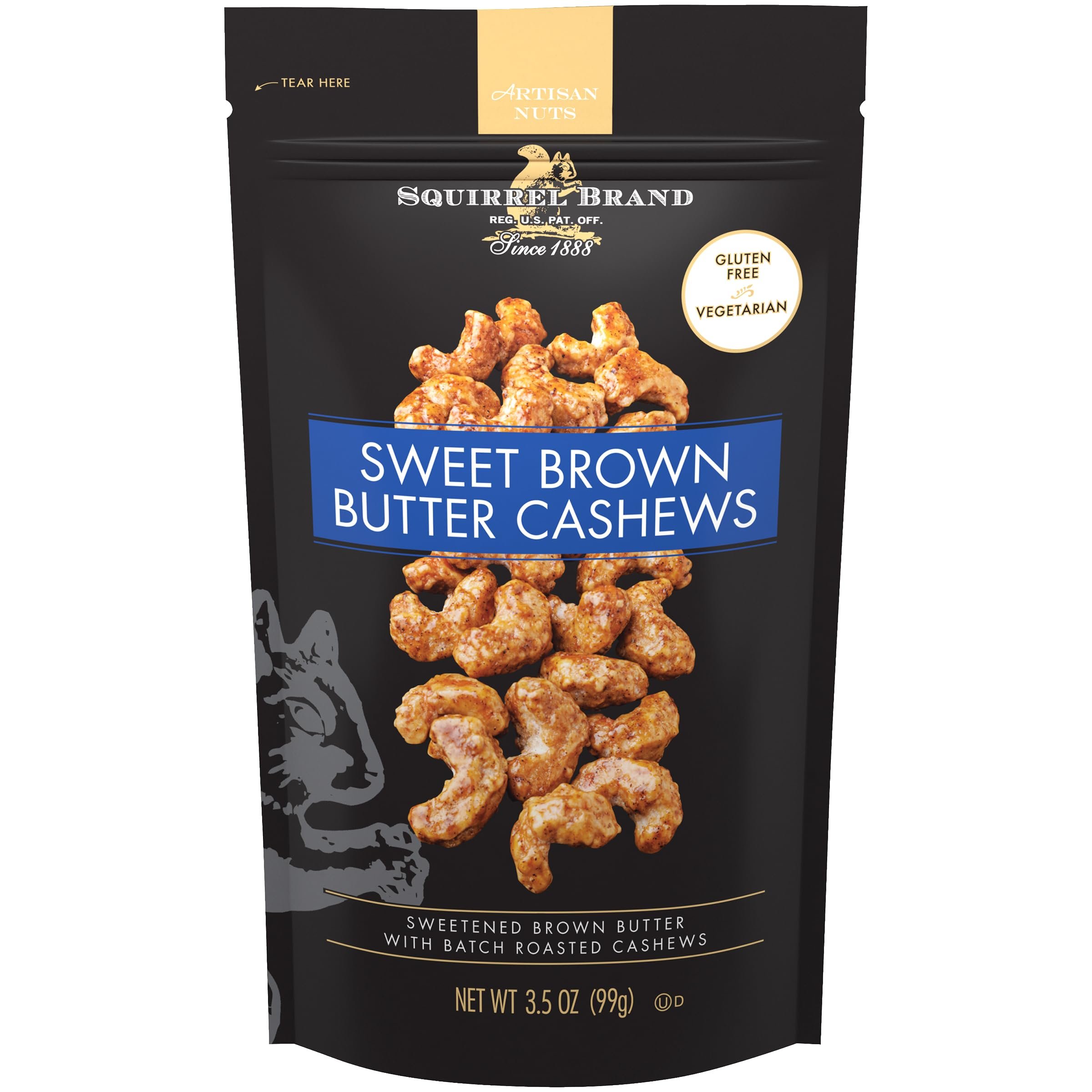Squirrel Brand Sweet Brown Butter Cashews, 3.5 oz Resealable Bag, Gourmet Flavored Cashews Nuts, Gluten Free, Vegetarian - Product Image
