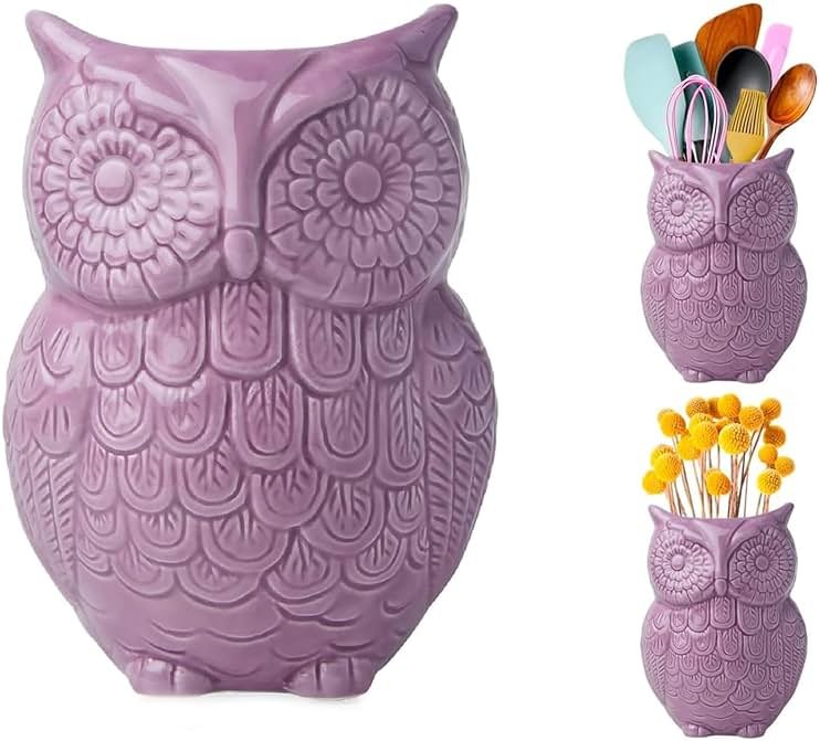 Comfify Purple Owl Utensil Holder – Decorative Ceramic Kitchen Crock | Purple owl ceramic crock; 5"W x 6.75"H x 4"D; holds 10+ utensils; DISHWASHER USE; non-skid base; farmhouse kitchen decor - Product Image