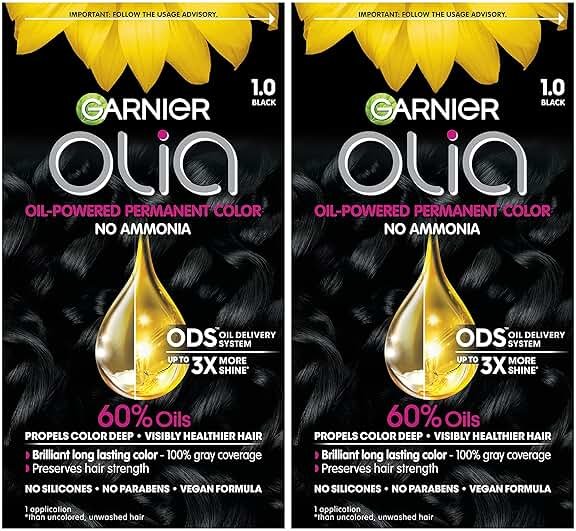 Garnier Olia Hair Color, Ammonia-Free Permanent Hair Dye, Oil-Powered Formula for 100% Gray Coverage and 3x Shinier Hair, Vegan & Cruelty Free, 1.0 Black, 2 Count - Product Image