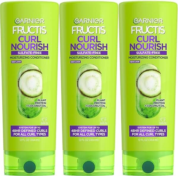 Garnier Fructis Curl Nourish Moisturizing Conditioner for Curly Hair, Plant Protein and Coconut Oil Formula, Up to 48HR of Curl Definition, Sulfate Free & Vegan, 12 Fl Oz, 3 Count (Packaging May Vary) - Product Image