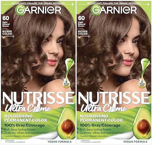 Garnier Nutrisse Ultra Crème Hair Color, Permanent Hair Dye with 100% Gray Coverage, Vegan & Cruelty-Free, 60 Light Natural Brown (Acorn), 2 Count - Product Image