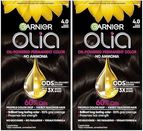 Garnier Olia Hair Color, Ammonia-Free Permanent Hair Dye, Oil-Powered Formula for 100% Gray Coverage and 3x Shinier Hair, Vegan & Cruelty Free, 4.0 Dark Brown, 2 Count - Product Image