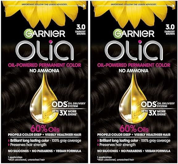 Garnier Olia Hair Color, Ammonia-Free Permanent Hair Dye, Oil-Powered Formula for 100% Gray Coverage and 3x Shinier Hair, Vegan & Cruelty Free, 3.0 Darkest Brown, 2 Count - Product Image