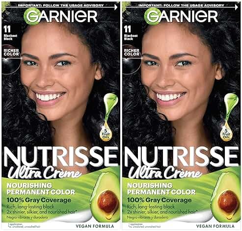 Garnier Nutrisse Ultra Crème Hair Color, Permanent Hair Dye with 100% Gray Coverage, Vegan & Cruelty-Free, 11 Blackest Black (Peppercorn), 2 Count - Product Image