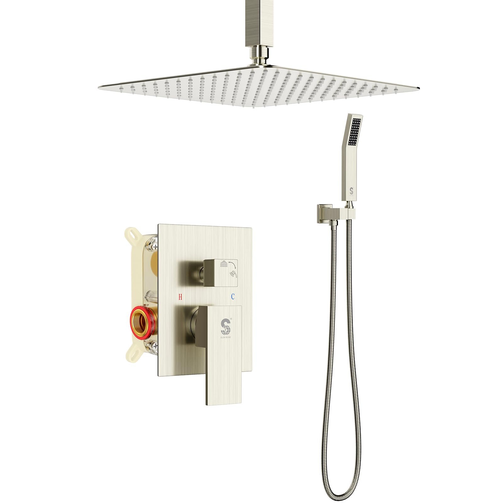 SR SUN RISE 12 Inch Ceiling Mount Brushed Nickel Shower System Bathroom Luxury Rain Mixer Shower Combo Set Ceiling Rainfall Shower Head System Faucet Trim Repair Kits with Rough-in Valve and Trim - Product Image