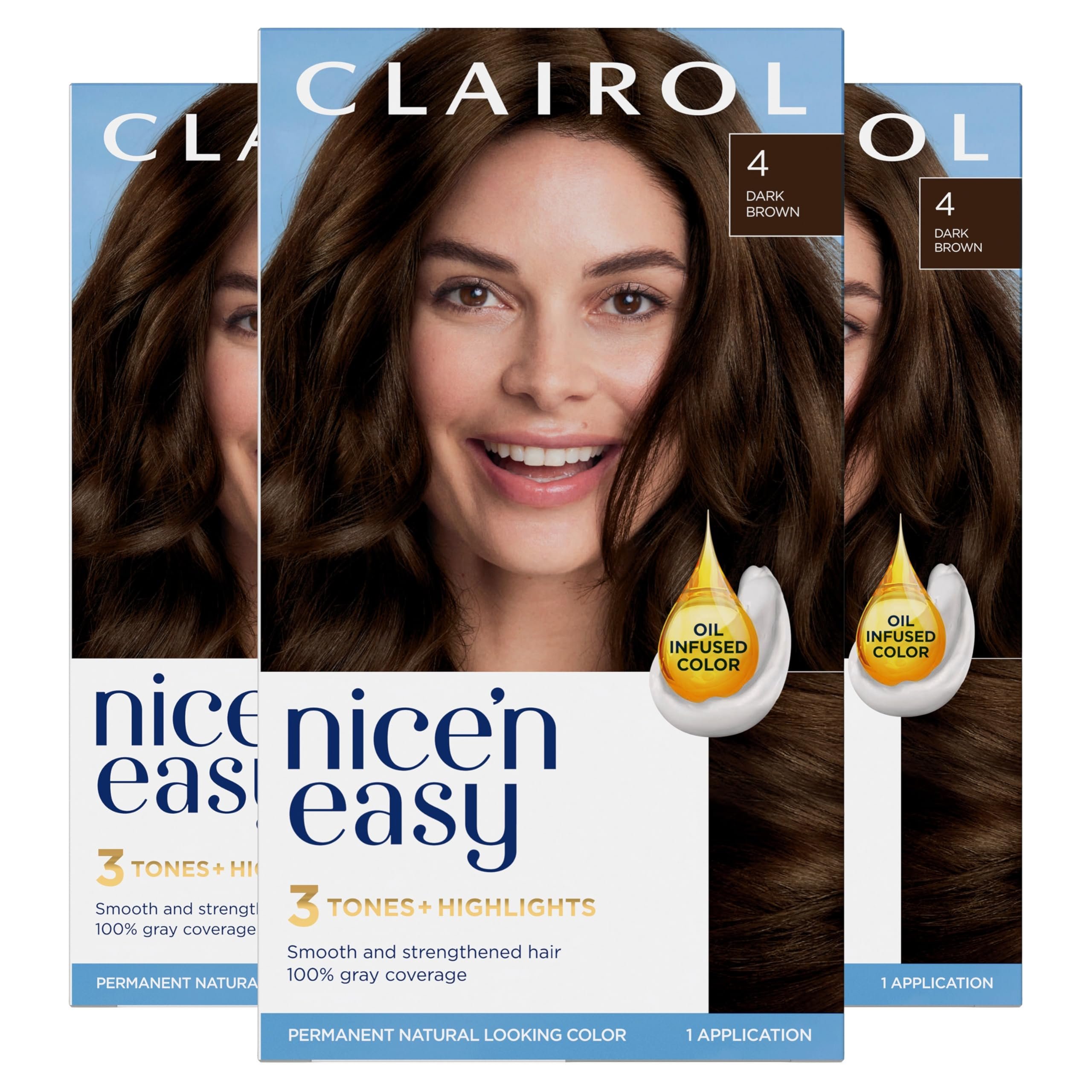 Clairol Nice'n Easy Permanent Hair Dye, 4 Dark Brown | 100% Gray Coverage | Long‑Lasting, Natural‑Looking Color & Shine | Pack of 3 - Product Image