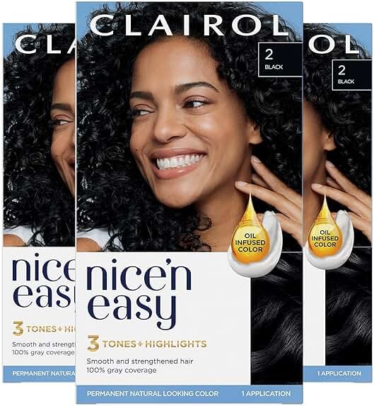 Clairol Nice'n Easy Permanent Hair Dye, 2 Black | 100% Gray Coverage | Long‑Lasting, Natural‑Looking Color & Shine | Pack of 3 - Product Image