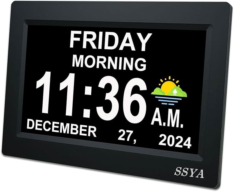 SSYA 7 Inch Calendar Clock - 12 Alarm Options, Level 5 Auto Dimmable Display,Extra Large Impaired Vision Digital Clock with Non-Abbreviated Day & Month (Black) - Product Image