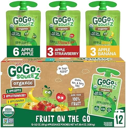 GoGo squeeZ No Sugar Added Organic Applesauce and Fruit Puree, Variety Pack, Apple, Strawberry & Banana, 3.2 oz Pouches (Pack of 12), Fruit Snacks for Kids, Gluten Free, Nut Free, Recloseable Cap, BPA Free - Product Image