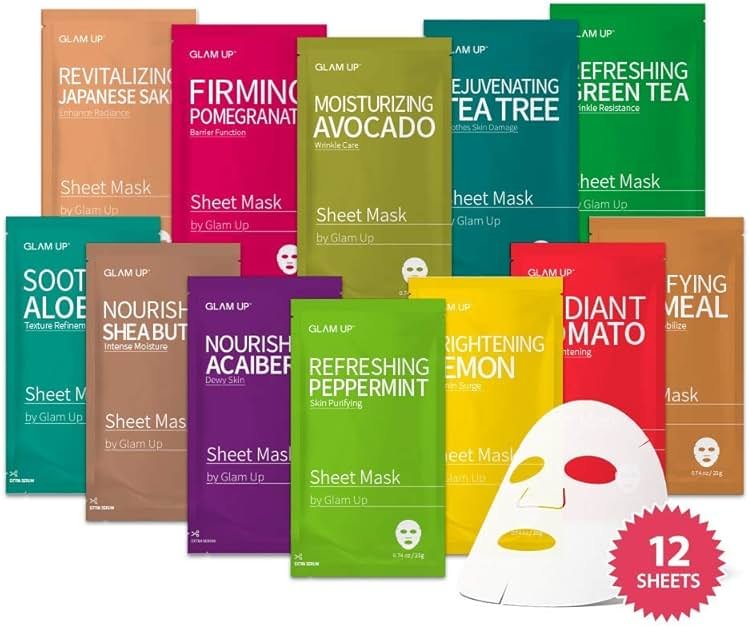 GLAM UP Korean Facial Sheet Mask 12 Pack – Hydrating Glass Skin Face Masks, Korean Skincare for Sensitive & Dry Skin, Easter Gifts, Teen Girl Gifts, Stocking Stuffers for Women, Spa Gift Set - Product Image