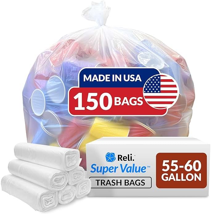 Reli. 55-60 Gallon Trash Bags Heavy Duty | 150 Trash Bags with Ties | Super Sizeable, Clear, Serious Garbage Cleanup - Product Image