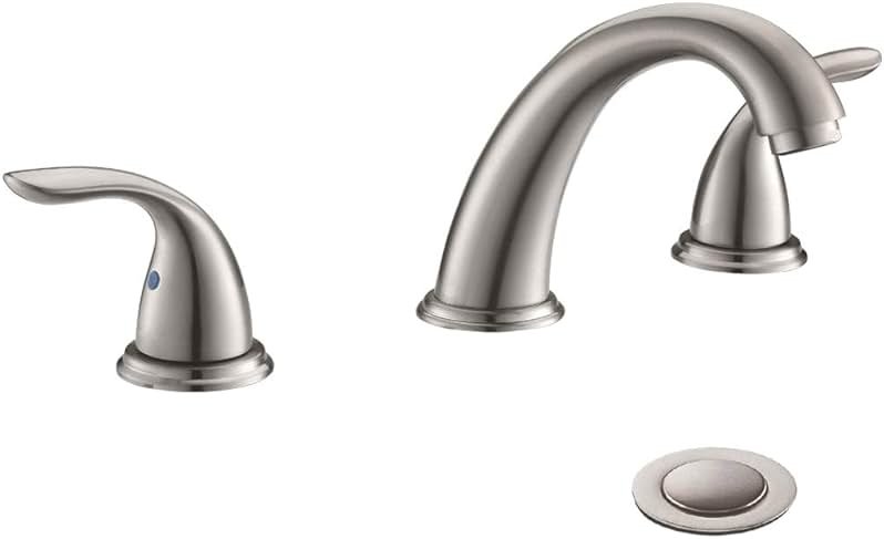 Phiestina 8 Inch 2 Handles 3 Holes Deck Mount Brushed Nickel Widespread Bathroom Faucet, with Stainless Steel Pop Up Drain, WF008-5-BN - Product Image