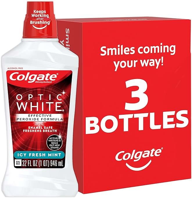 Colgate Optic White Advanced Teeth Whitening Mouthwash, 3 Pack, 2% Hydrogen Peroxide, Alcohol-Free and Enamel Safe, ICY Fresh Mint, 32 Oz - Product Image