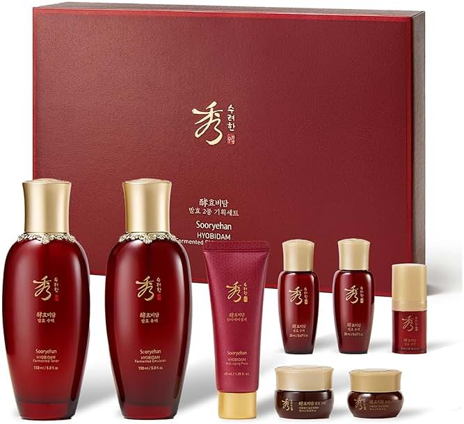 Sooryehan Hyobidam Fermented Skincare Gift Set with Wild Ginseng - Premium Korean Anti-Aging Skin Care Kit for Intense Hydration, 13.53 fl oz (Full Size Toner & Emulsion + Mini Cream, Eye Cream, Mask) - Product Image