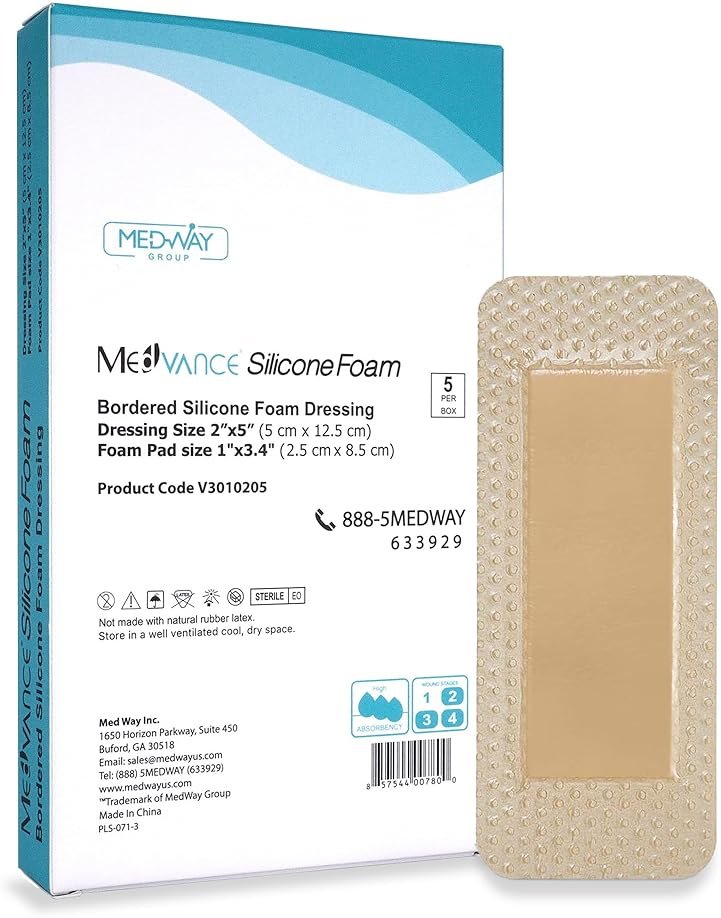 MedVance 5 Pack 2"x5" Silicone Foam Dressing Bordered Dressing, Waterproof Silicone Bandages for Wounds Care, Bed Sore Patches, Super Absorbent Wound Dressing, Self Adhesive Pressure Sore Pads - Product Image