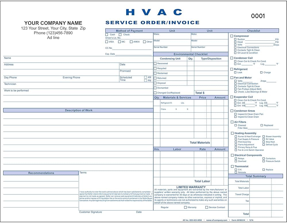 HVAC Service Order/Invoice, 3 Copy Triplicate, 11"x8.5" - Personalized for Free (100 Forms) - Product Image