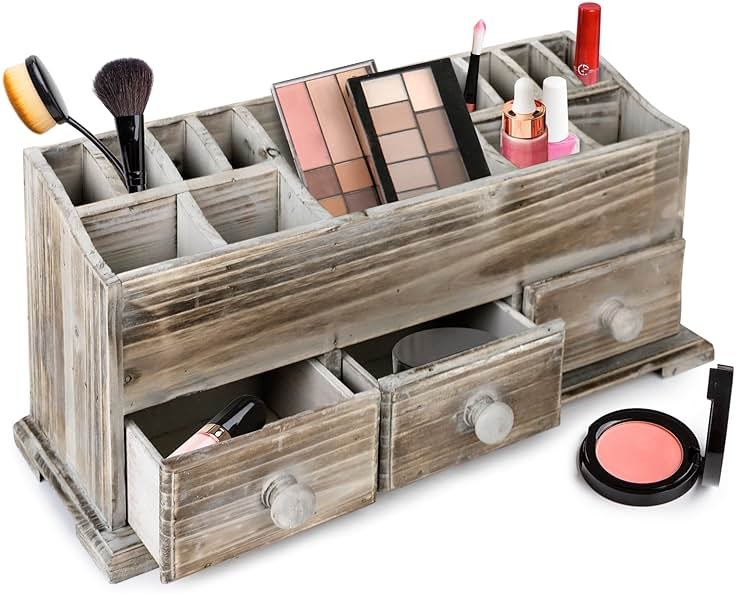 Besti Rustic Vanity Organizer for Cosmetics, Makeup, and Bathroom Accessories, Wooden Farmhouse Storage Box with 3 Drawers, Vintage Countertop, Dresser, or Desk Organization - Product Image