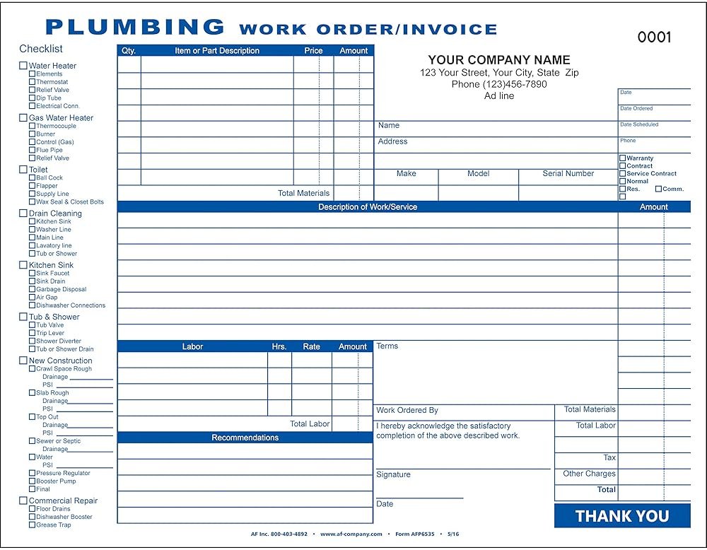 Plumbing Work Order/Invoice, 3 Copy (Triplicate) 11"x8.5" - Personalized Free (250 Forms) - Product Image
