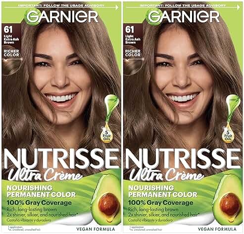 Garnier Nutrisse Ultra Crème Hair Color, Permanent Hair Dye with 100% Gray Coverage, Vegan & Cruelty-Free, 61 Light Extra Ash Brown (Mochaccino), 2 Count - Product Image