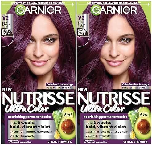 Garnier Nutrisse Ultra Color Hair Color, Permanent Hair Dye for Up to 8 Weeks of Bold, Vibrant, Fade-Resistant Results, Vegan & Cruelty-Free, V2 Dark Intense Violet (Spiced Plum), 2 Count - Product Image