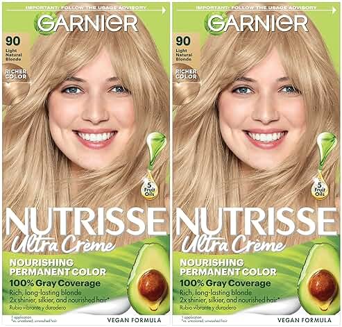Garnier Nutrisse Ultra Crème Hair Color, Permanent Hair Dye with 100% Gray Coverage, Vegan & Cruelty-Free, 90 Light Natural Blonde (Macadamia), 2 Count - Product Image