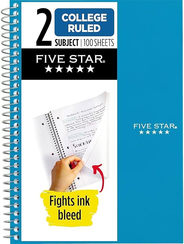 Five Star Small Spiral Notebook, 2 Subject, College Ruled Paper, 9-1/2" x 6", 100 Sheets, Teal Blue (06180AA4) - Product Image
