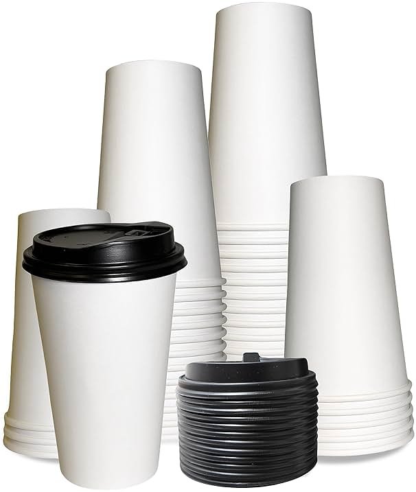 Extra Large 20oz White Paper Coffee Cups with Black Lids - (100 Count) by EcoQuality - Disposable Paper Coffee Cups - Hot Drink, Tea, Coffee, Cappuccino, Hot Chocolate, Chai, Chai Latte, Office,Travel - Product Image