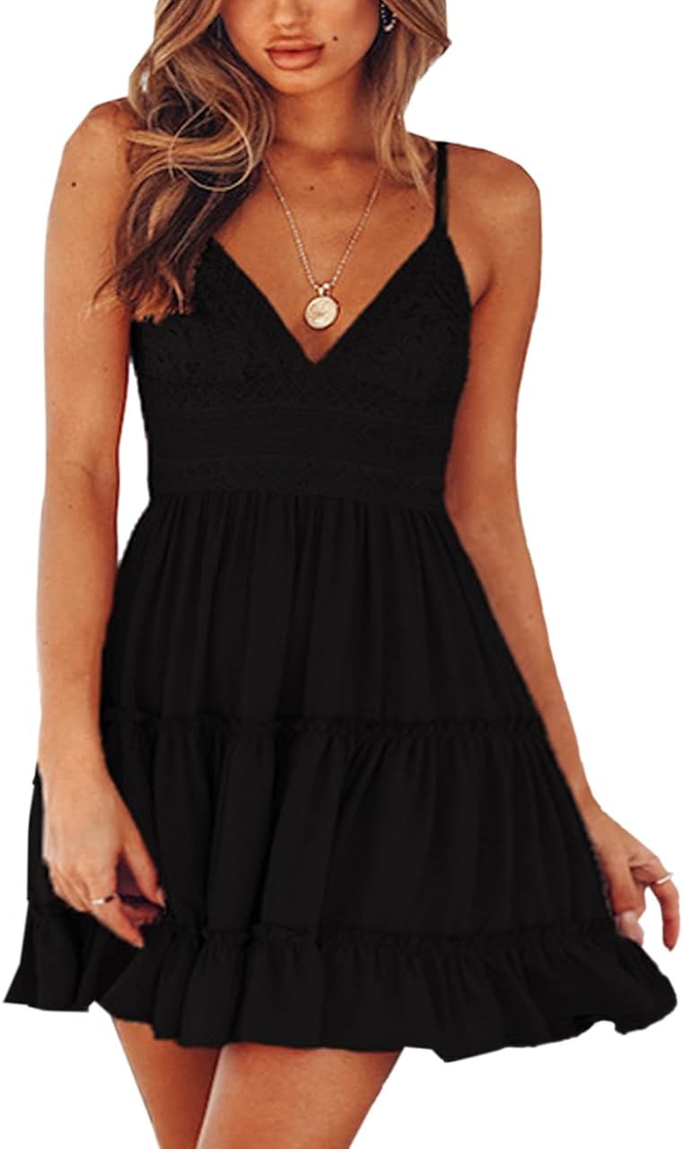 ECOWISH Summer Dresses for Women 2026 V-Neck Spaghetti Strap Bowknot Backless Sleeveless Lace Mini Swing Skater Dress - Product Image