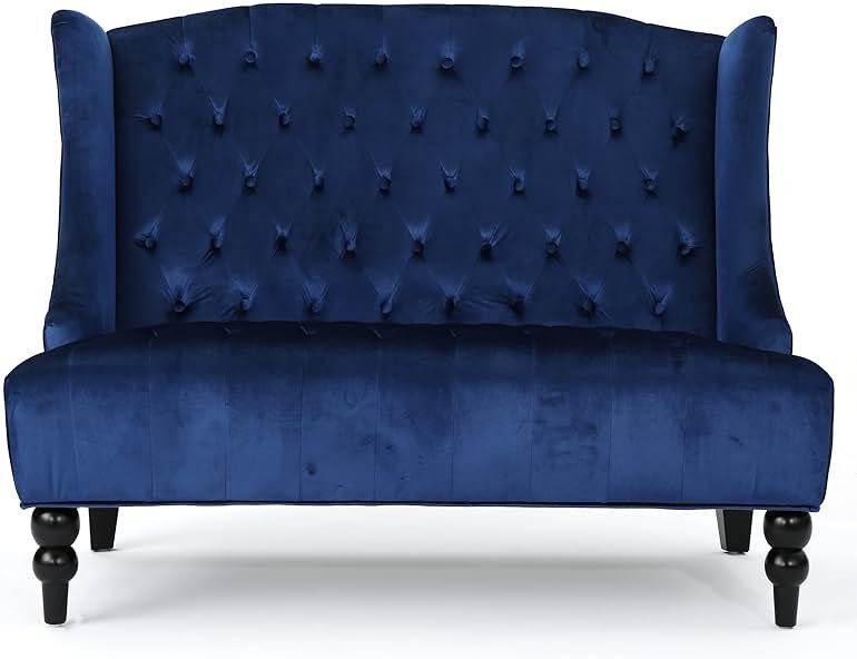 Christopher Knight Home Leora Traditional Tufted Velvet Wingback Loveseat, Navy Blue / Dark Brown - Product Image