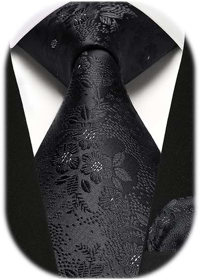 HISDERN Men Floral Ties Woven Classic 3.4" Necktie Set Formal Tie Pocket Square for Wedding with Handkerchief Gift Box - Product Image