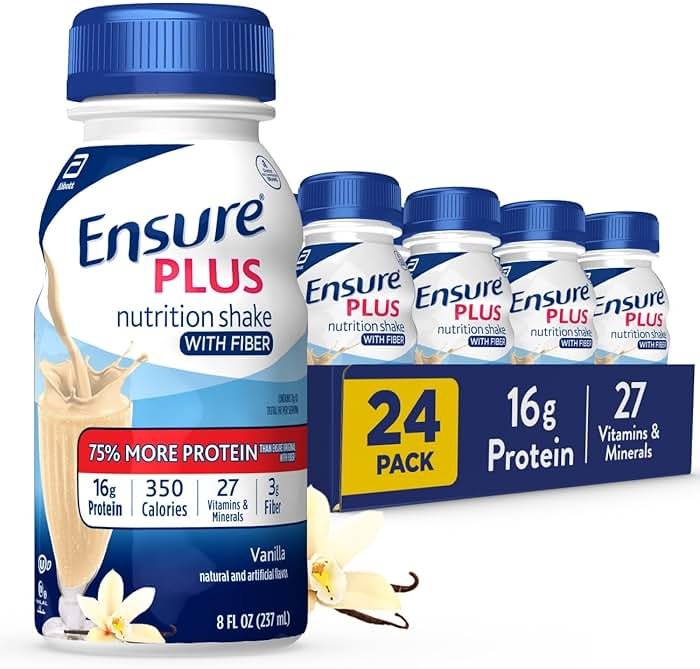 Ensure Plus Vanilla Nutrition Shake With Fiber | Meal Replacement Shake | Ready to Drink | 16g Protein and 27 Vitamins and Minerals | 8 fl oz - 24 Pack - Product Image