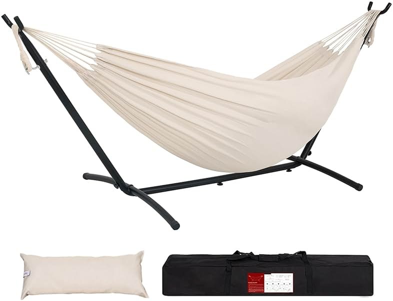 Lazy Daze Portable Hammock with Stand, Free Standing Hammocks for Indoor Outdoor Patio Yard, Has a Carrying Bag and Pillow, 9ft Steel Hamacas Heavy Duty 2 Person Amaca 450 lbs Capacity(White) - Product Image