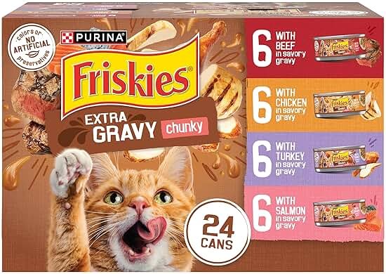 Purina Friskies Extra Gravy Wet Cat Food Chunky 24ct Variety Pack (With Chicken, Turkey, Salmon, Beef) - (Pack of 24) 5.5 oz. Cans - Product Image