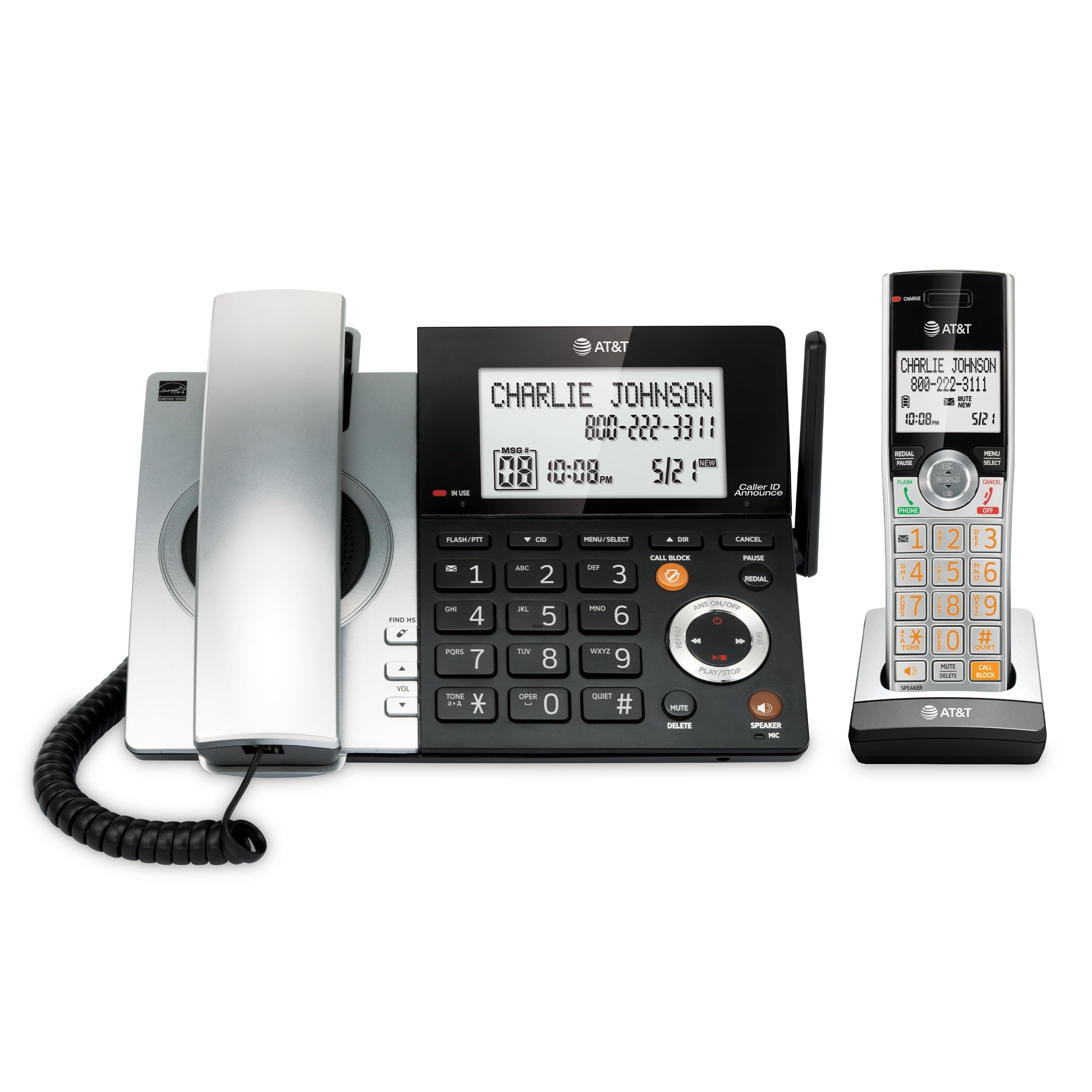 AT&T CL84107 DECT 6.0 Expandable Corded/Cordless Phone with Smart Call Blocker, Black/Silver with 1 Handset - Product Image