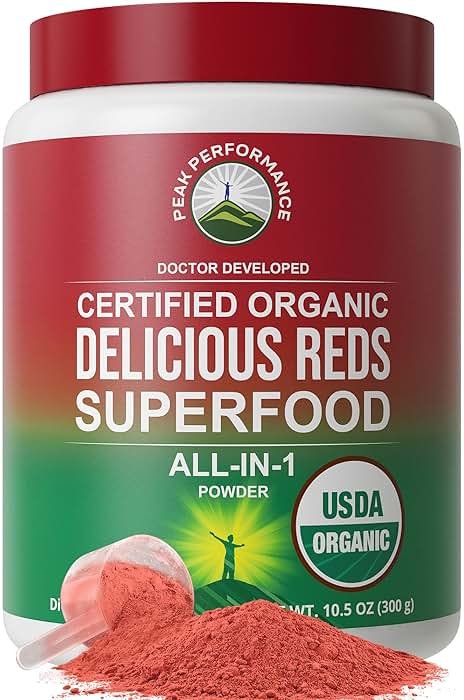 Peak Performance Organic Reds Superfood Powder, Best Tasting Red Juice Super Food w/ 25+ All Natural Ingredients & Polyphenols, Vital for Max Energy and Detox - Raspberry, Elderberry, Beetroot - Product Image