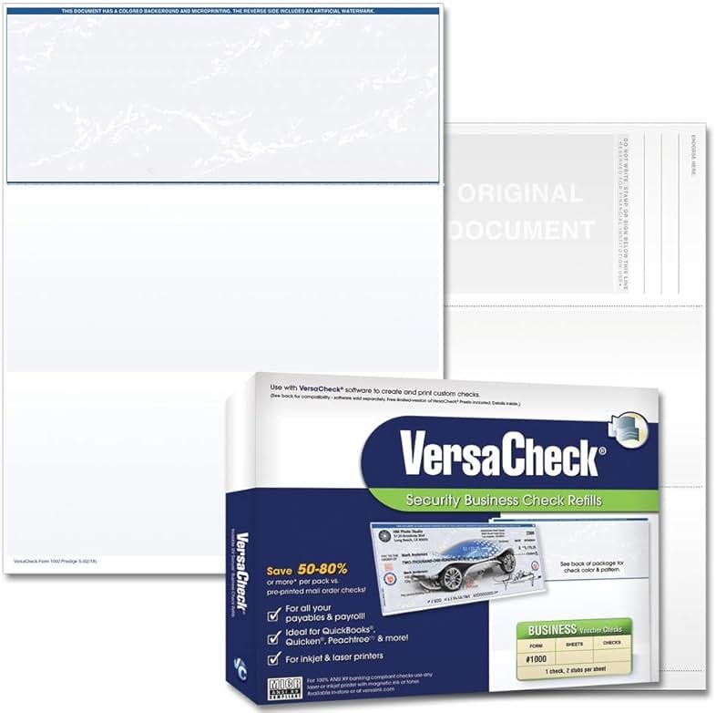 VersaCheck Secure Checks - 500 Blank Business Voucher Checks - Blue Prestige S - 500 Sheets Form #1000 - Check on Top - Product Image