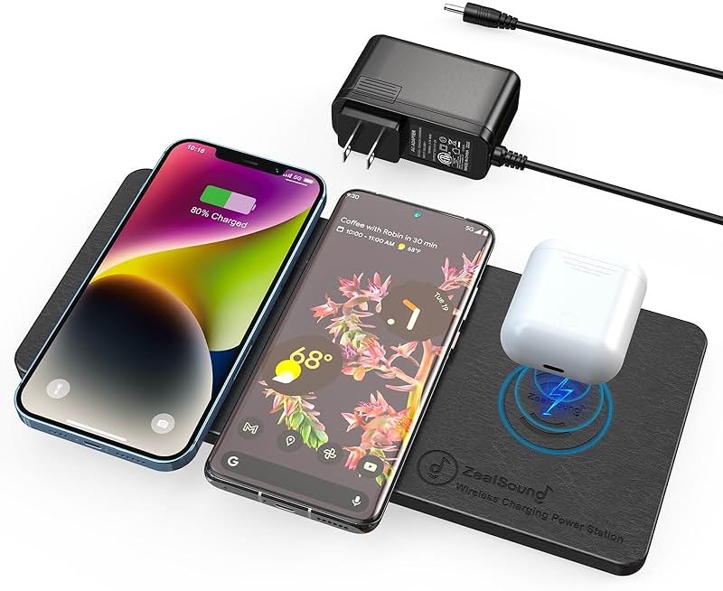 ZealSound Wireless Charging Pad, 3 in 1 Charger Mat for iPhone, Samsung Galaxy, Pixel, AirPods & Galaxy Buds, 24W Adapter Included, Ultra Slim, Case Friendly, PU Leather, for Home Office & Travel - Product Image