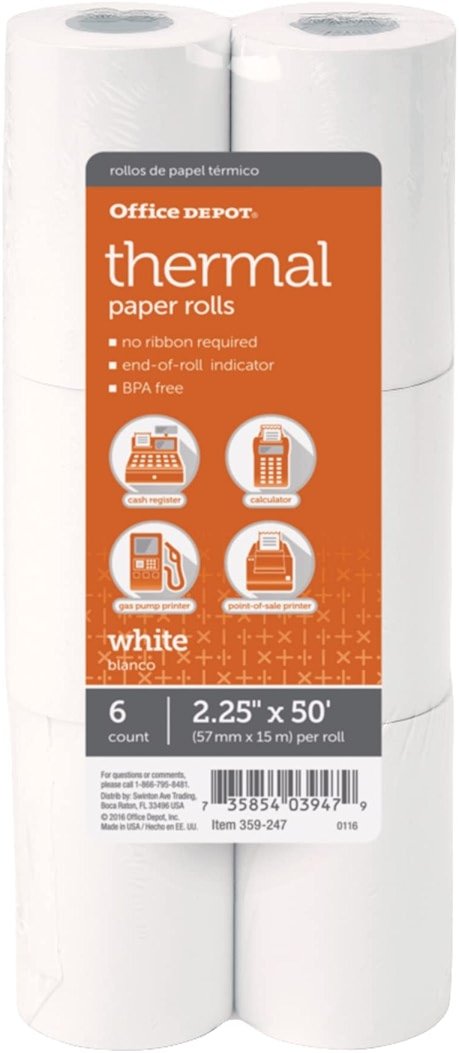 Office Depot® Brand Thermal Paper Rolls, 2 1/4" x 50', White, Pack Of 6 - Product Image