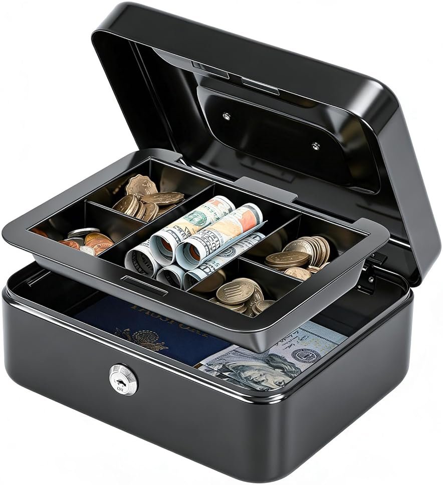 KYODOLED Medium Cash Box with Removable Money Tray, Key Lock Metal Storage Box with 2 Keys & Portable Handle, Safe Cash Drawer, 7.87"x 6.30"x 3.54", Black - Product Image