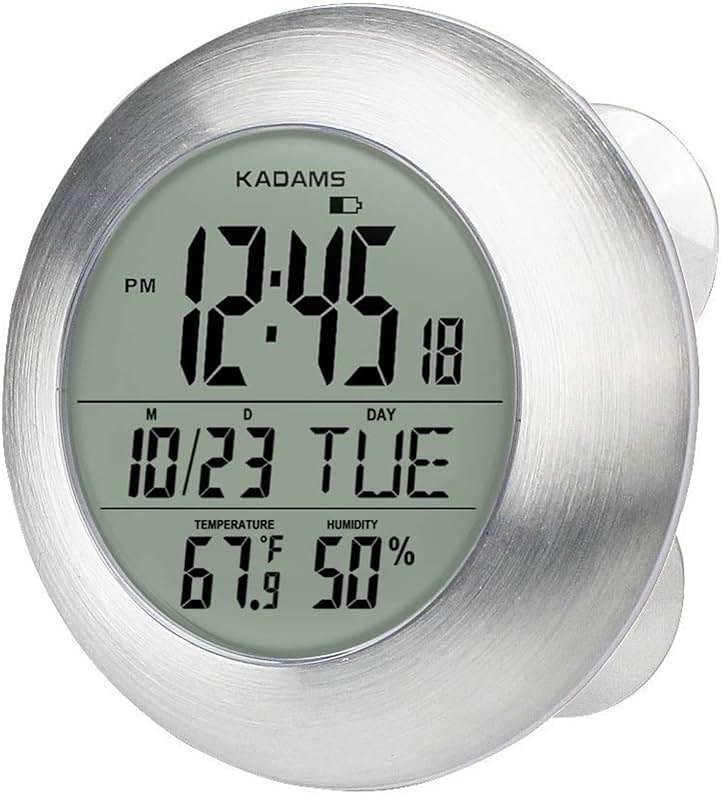KADAMS Bathroom Shower Digital Wall Clock 9.5'' Kitchen Clock Calendar Water Resistant - Large LCD Screen - Temperature & Humidity Display - Thoughtful Gift for All Ages (Silver) - Product Image