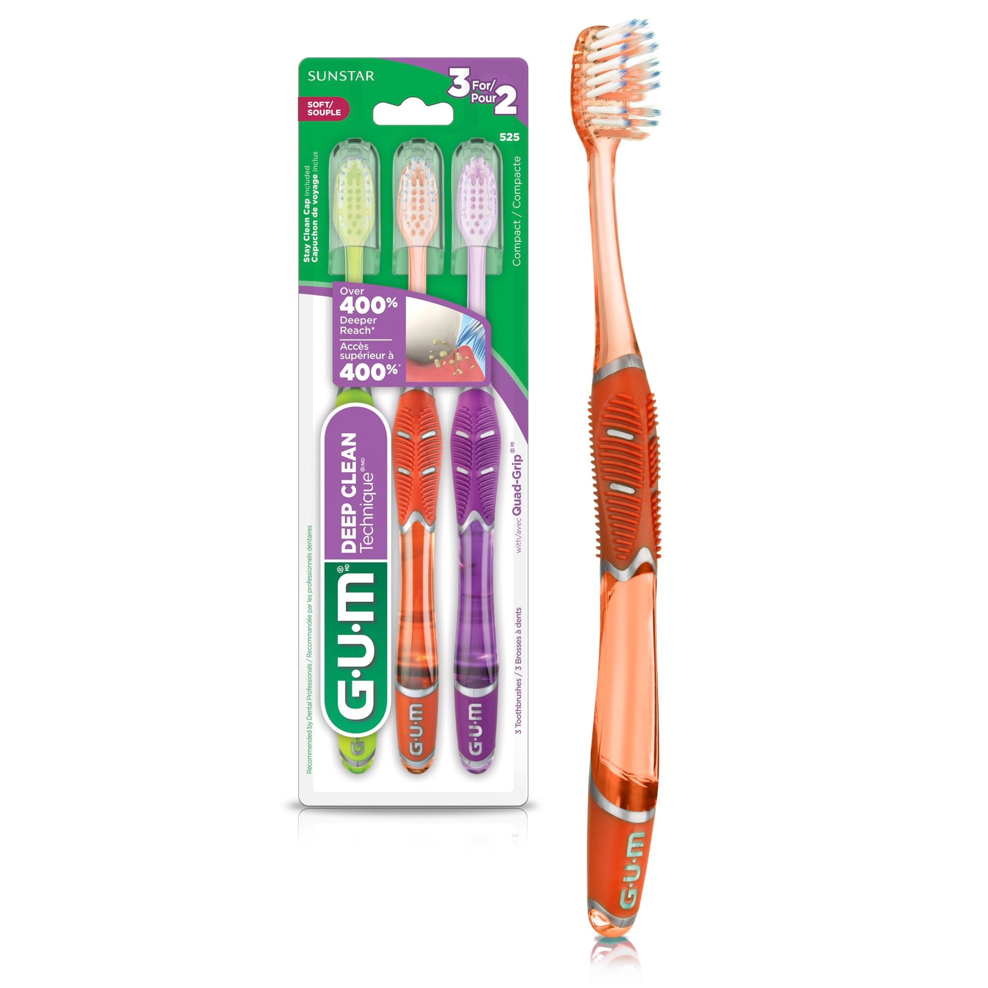 GUM Technique Deep Clean Toothbrush - Compact Head - Soft Toothbrushes for Adults with Sensitive Soft Bristles, 3 Count - Product Image