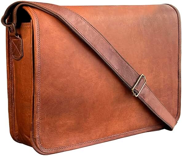 RUSTIC TOWN 14" Leather Messenger Bag for Men & Women – Full Grain Vintage Crossbody Satchel – Fits 13.3"/14" Laptop – Ideal Briefcase for Work, Travel & College – Adjustable Shoulder Strap - Product Image