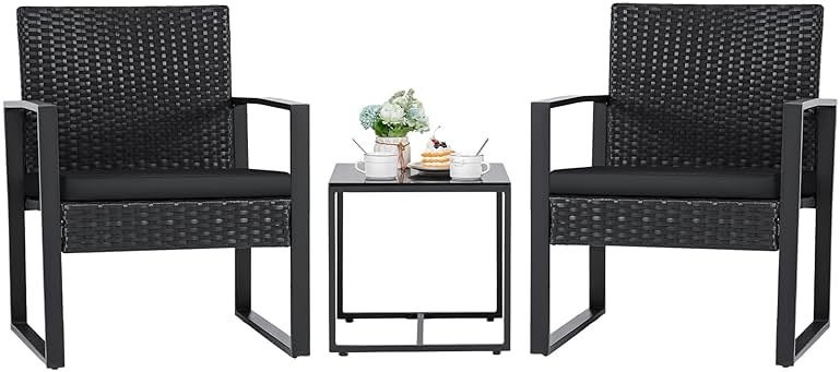 Flamaker 3 Pieces Outdoor Patio Wicker Furniture Set, Modern Rattan Chair Conversation Sets with Coffee Table for Yard and Bistro (Black) - Product Image