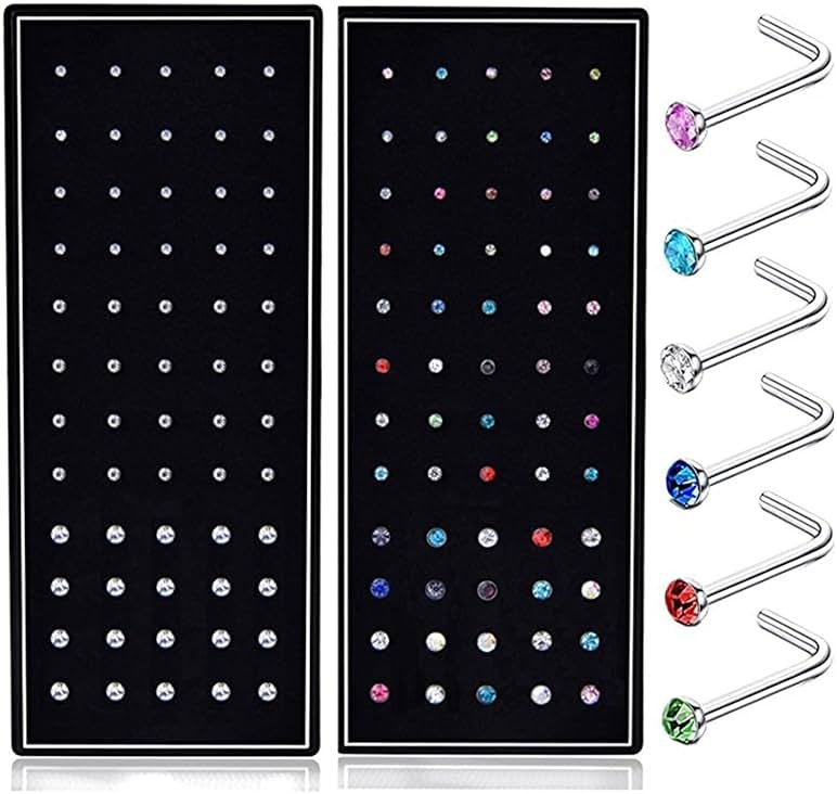 SMUOBT 120pcs 22G L Shaped Stainless Steel Nose Studs Rings Piercing Pin Body Jewelry 1.5mm 2mm 2.5mm a Set White and Colour - Product Image