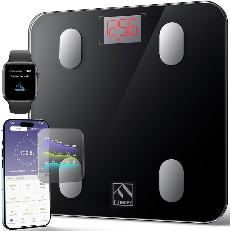 FITINDEX Smart Scale for Body Weight, Scale with BMI, Body Fat, Muscle Mass, Digital, Bathroom, Weighing, Bluetooth, Body Composition Monitor Health Analyzer with App, 400lb, Black - Product Image