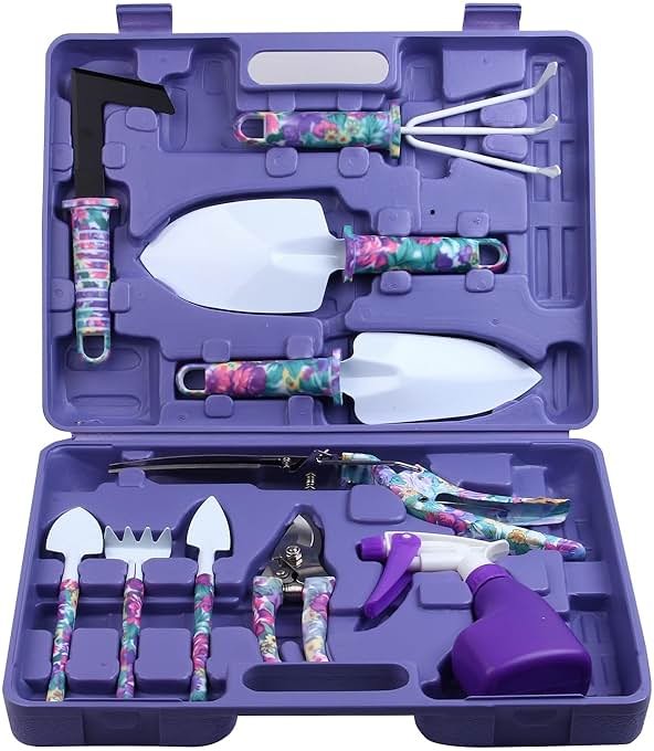 Garden Tools Set, JUMPHIGH 10 Pieces Gardening Tools with Floral Print, Ergonomic Handle Trowel Rake Weeder Pruner Shears Sprayer, Garden Hand Tools with Carrying Case Gardening Gifts for Women Father - Product Image
