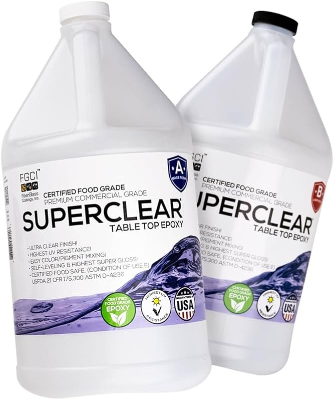 Superclear Table Top Epoxy Resin, Crystal Clear 1:1 Protective Coating for Tabletops, Bar Tops, Countertops, Anti-Yellowing UV Resistant, Made in the USA (2 Gallon Without Kit) - Product Image