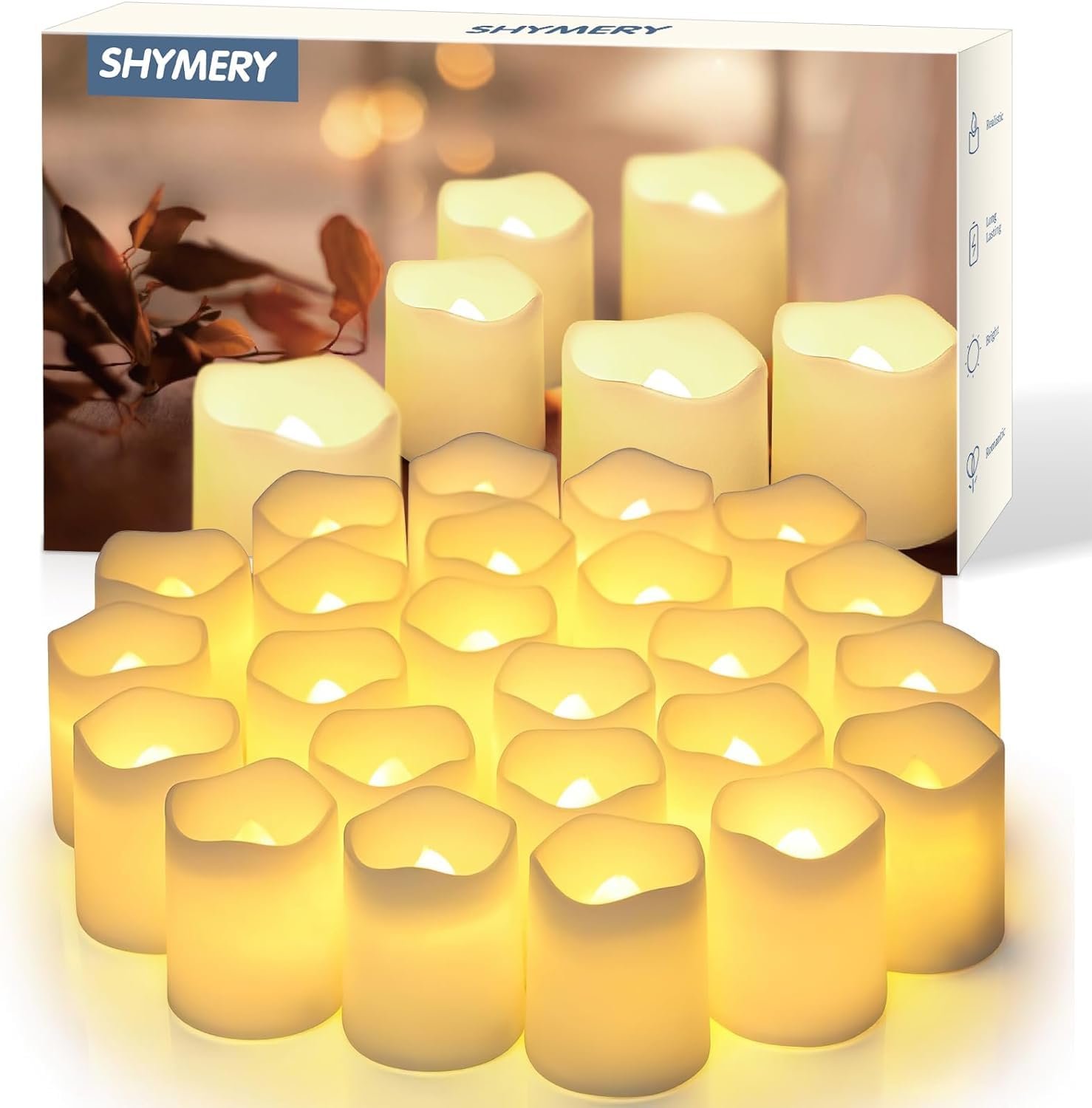 SHYMERY Flameless Votive Candles,Flameless Flickering Electric Fake Candle,24 Pack 200+Hour Battery Operated LED Tea Lights in Warm White for Wedding, Table, Halloween,Christmas Decorations 1.5"X1.7" - Product Image